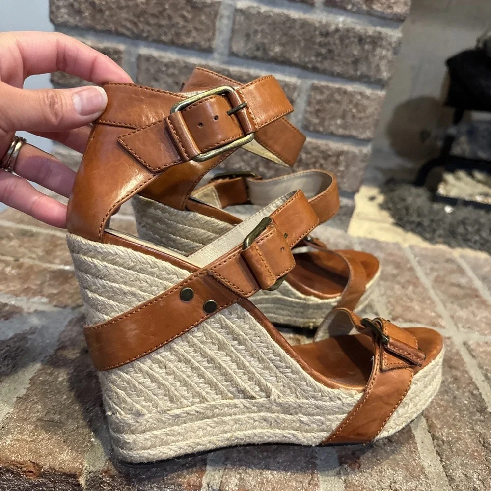 Brian Atwood Wedge Espadrille Leather Sandals‎ Size 9 40EU #286